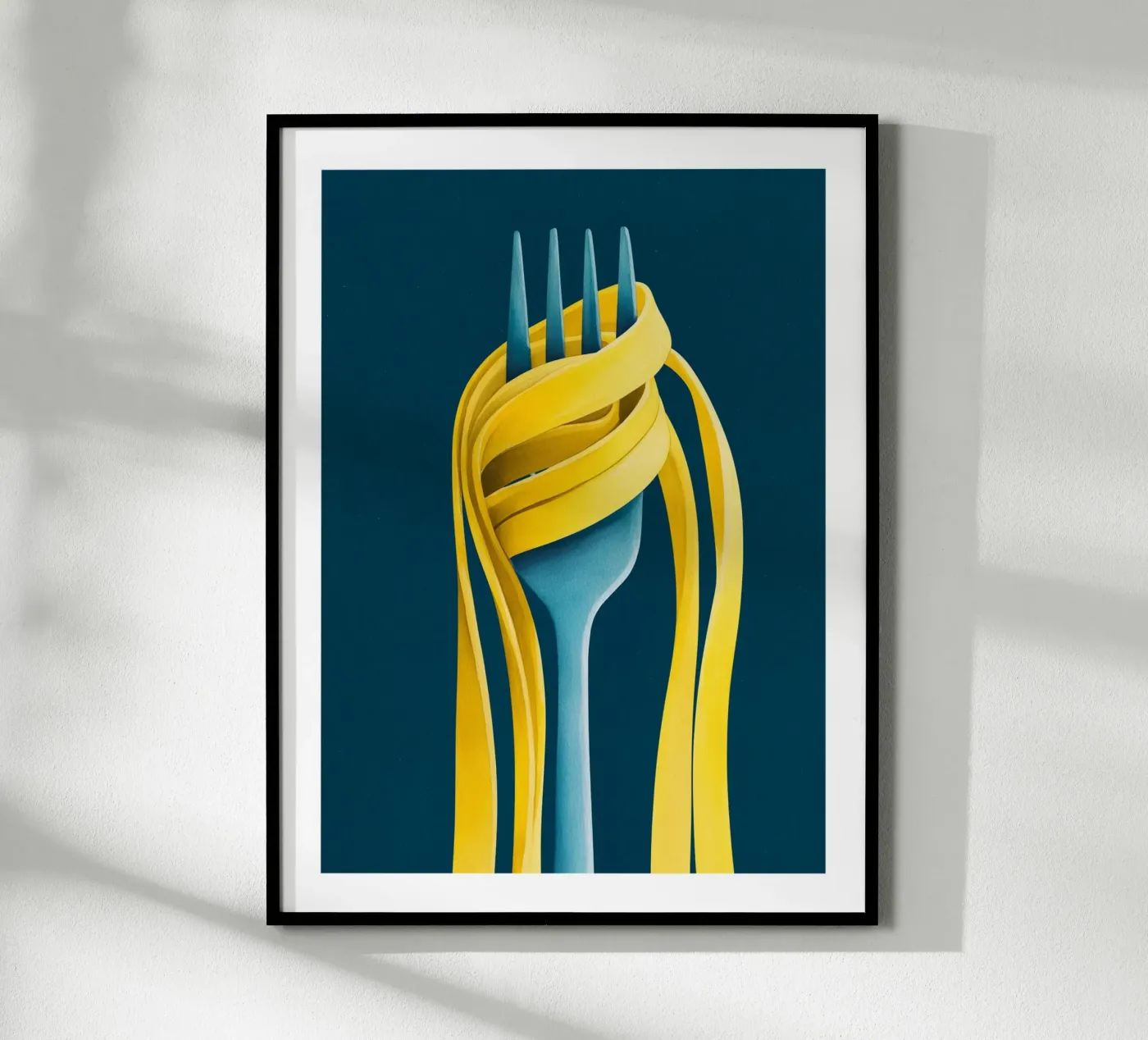 Gele pasta op blauwe vork poster van Spice & Spoon Studio
