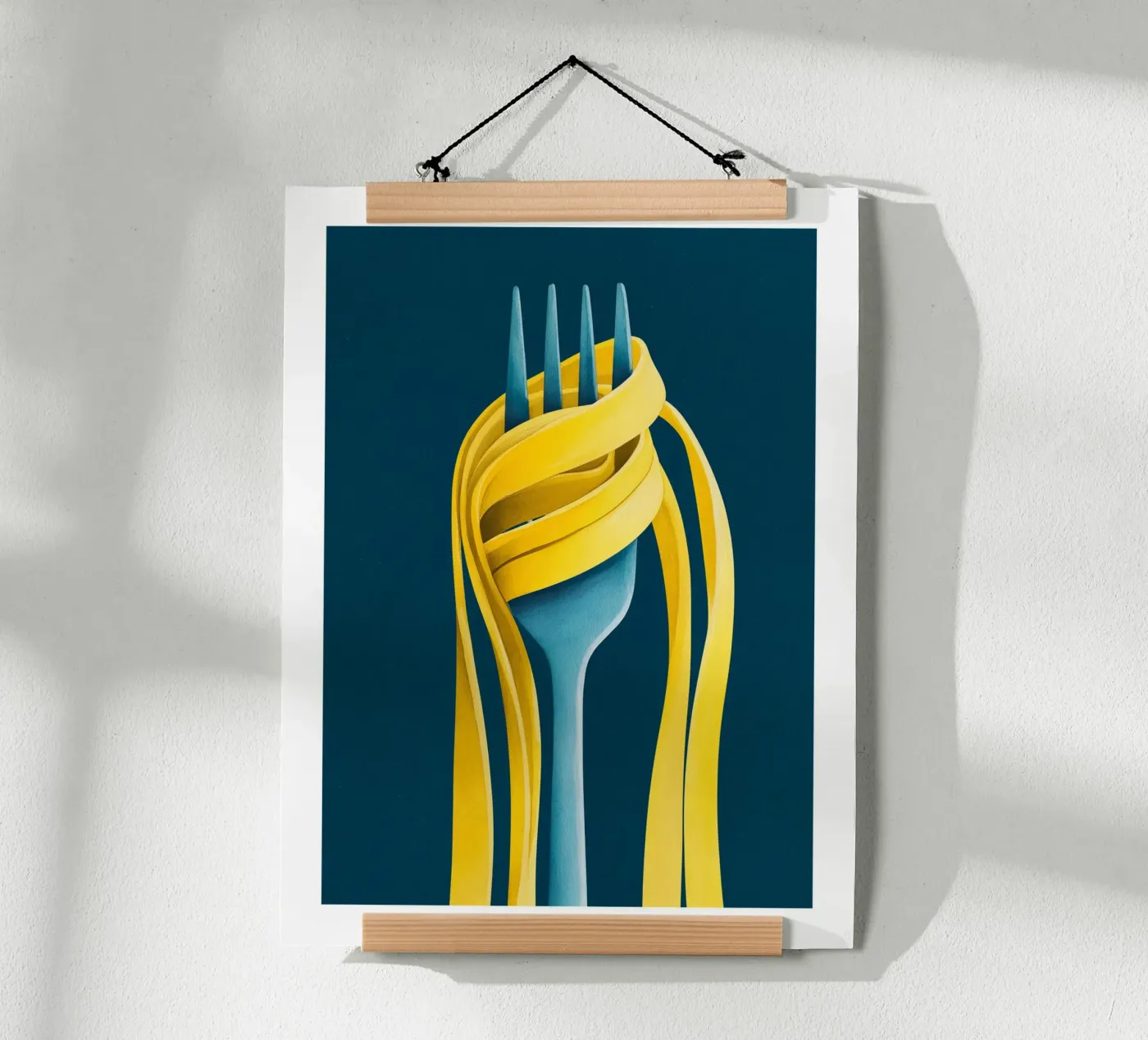Gele pasta op blauwe vork poster van Spice & Spoon Studio