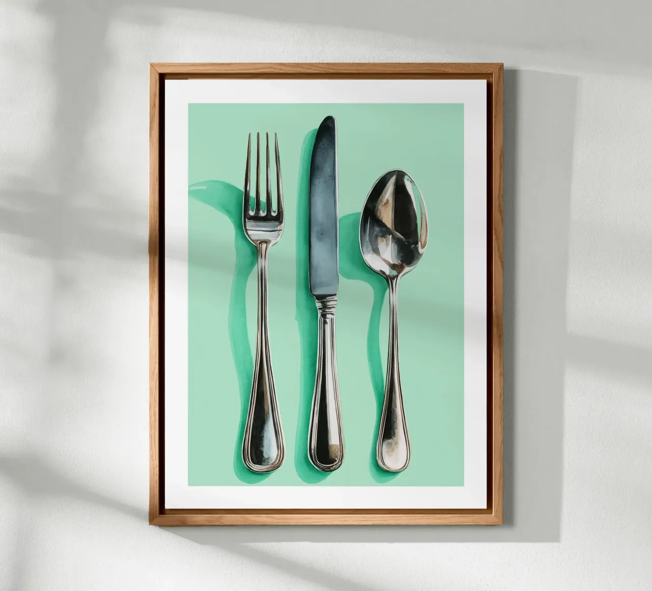 Posate d'argento su acquerello alla menta alluminio dibond da Spice & Spoon Studio