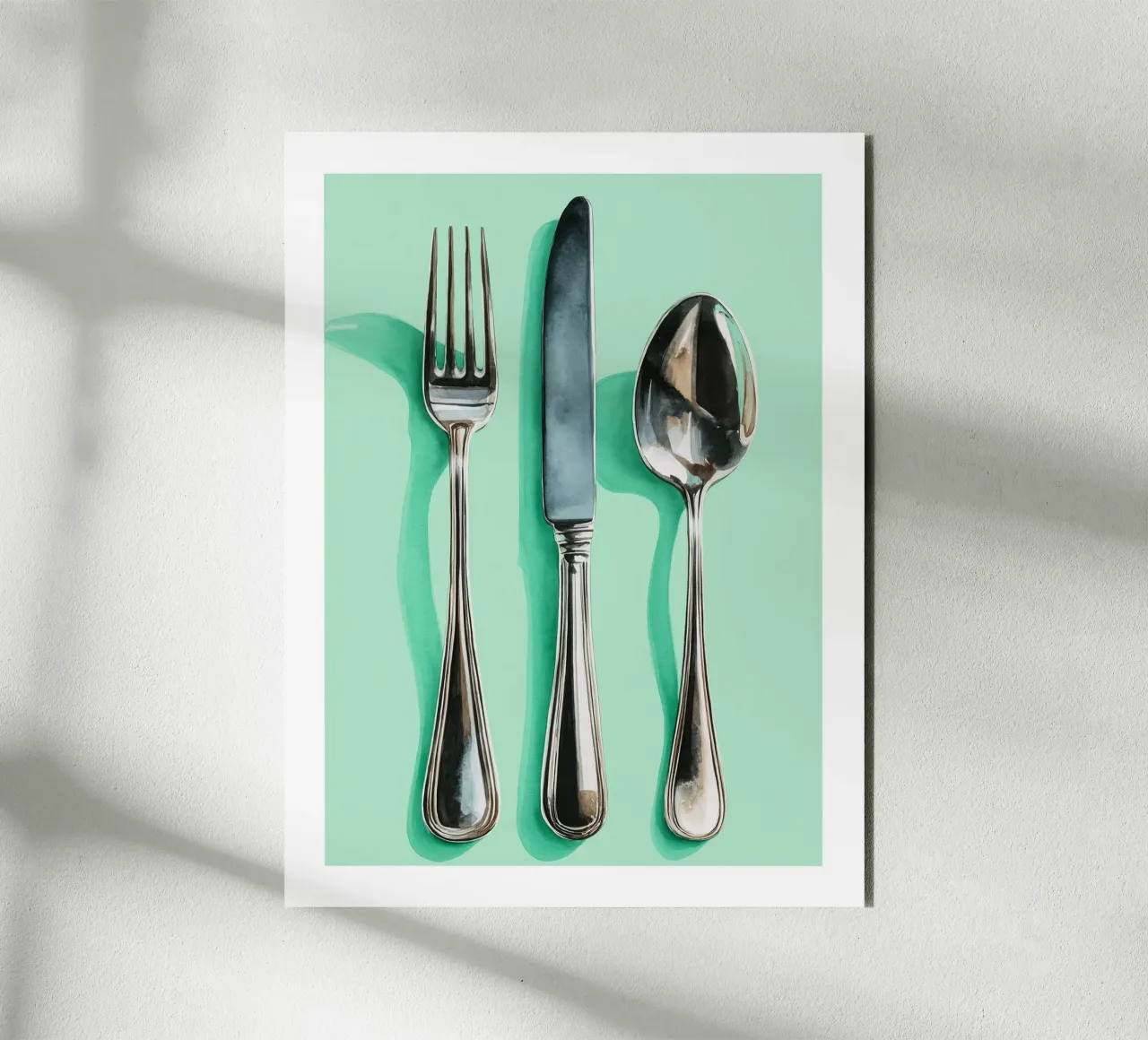 Posate d'argento su acquerello alla menta alluminio dibond da Spice & Spoon Studio