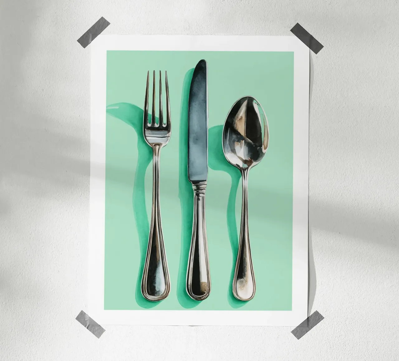 Posate d'argento su acquerello alla menta carta hahnemühle da Spice & Spoon Studio