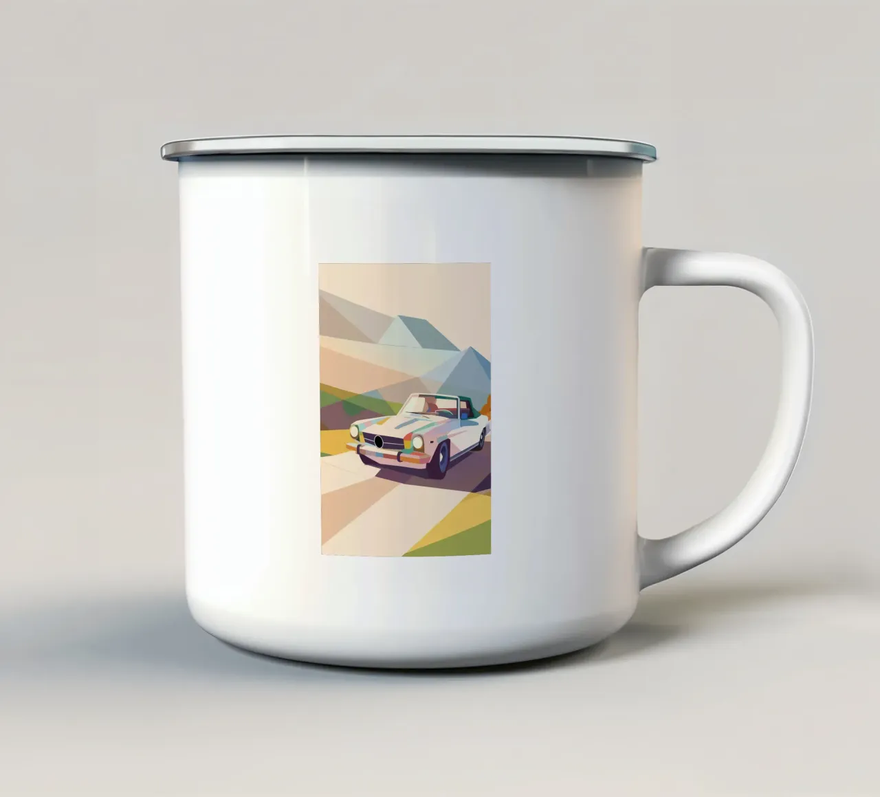 Illustrazione di un'auto cabriolet classica su una strada di montagna tazza in smalto da POLYGON SPECIAL