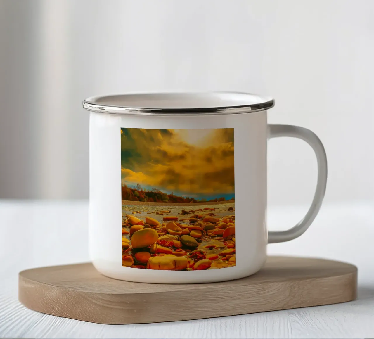 fiume in secca al tramonto tazza in smalto da Klapadoa