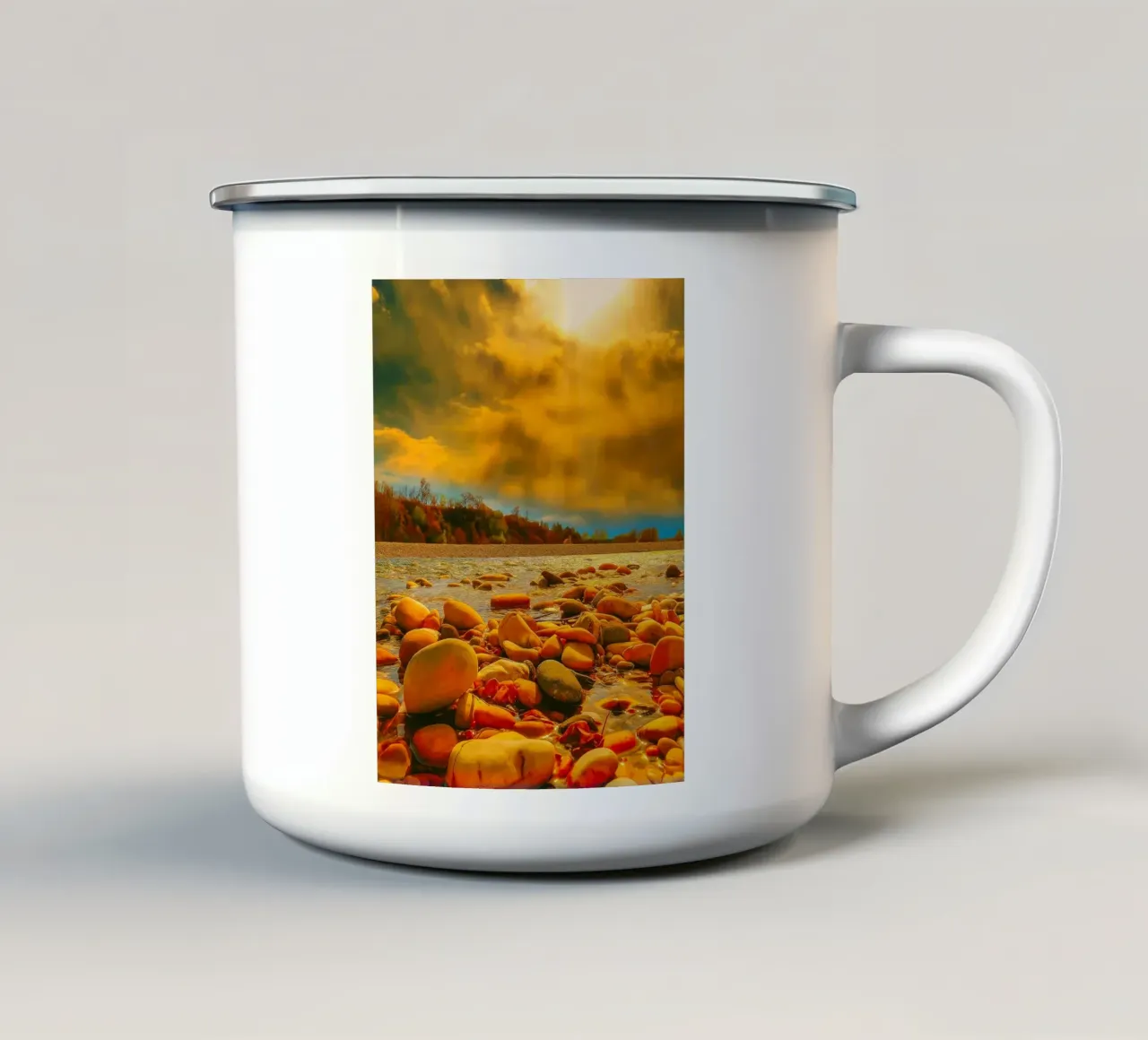 fiume in secca al tramonto tazza in smalto da Klapadoa