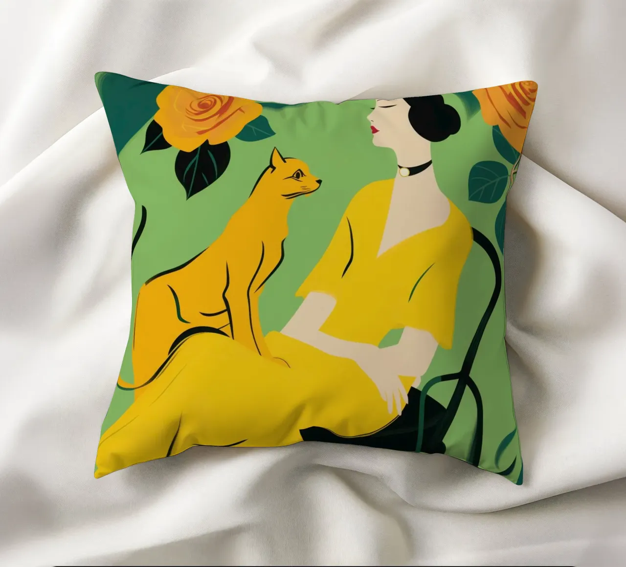 Signora con gatto in un roseto giallo-arancio cuscino da Autofocus