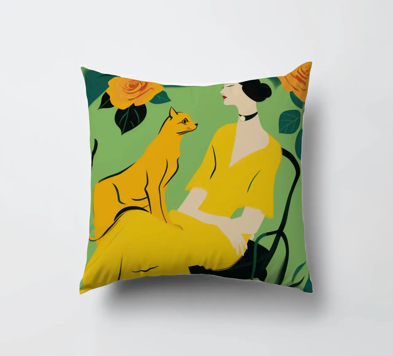 Signora con gatto in un roseto giallo-arancio cuscino da Autofocus