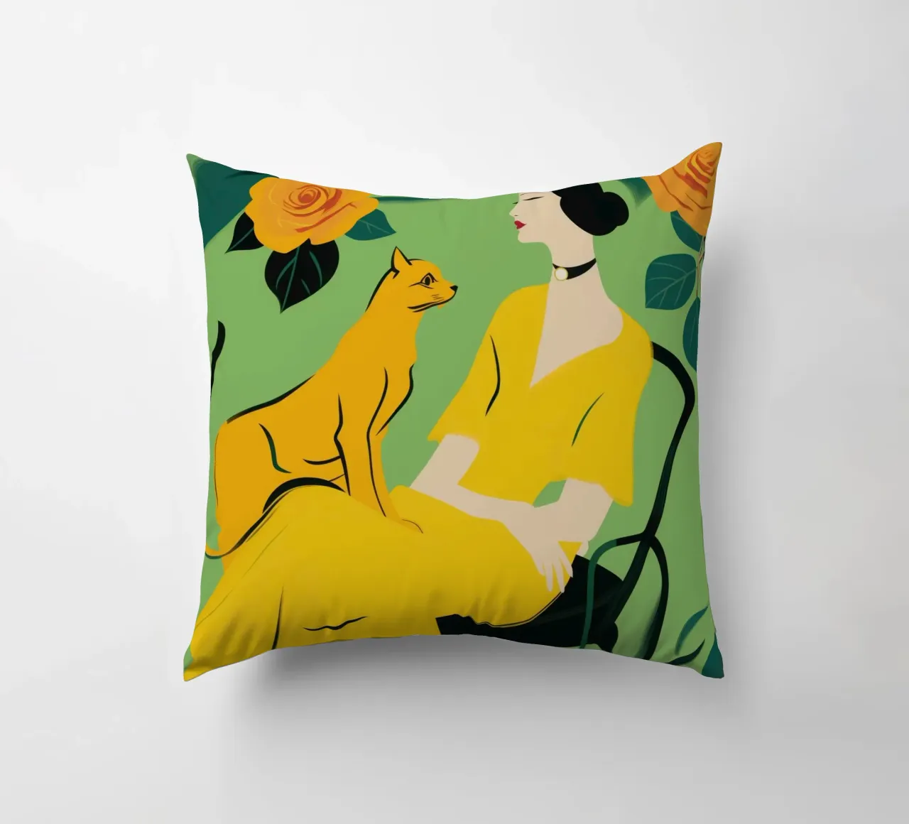 Signora con gatto in un roseto giallo-arancio cuscino da Autofocus