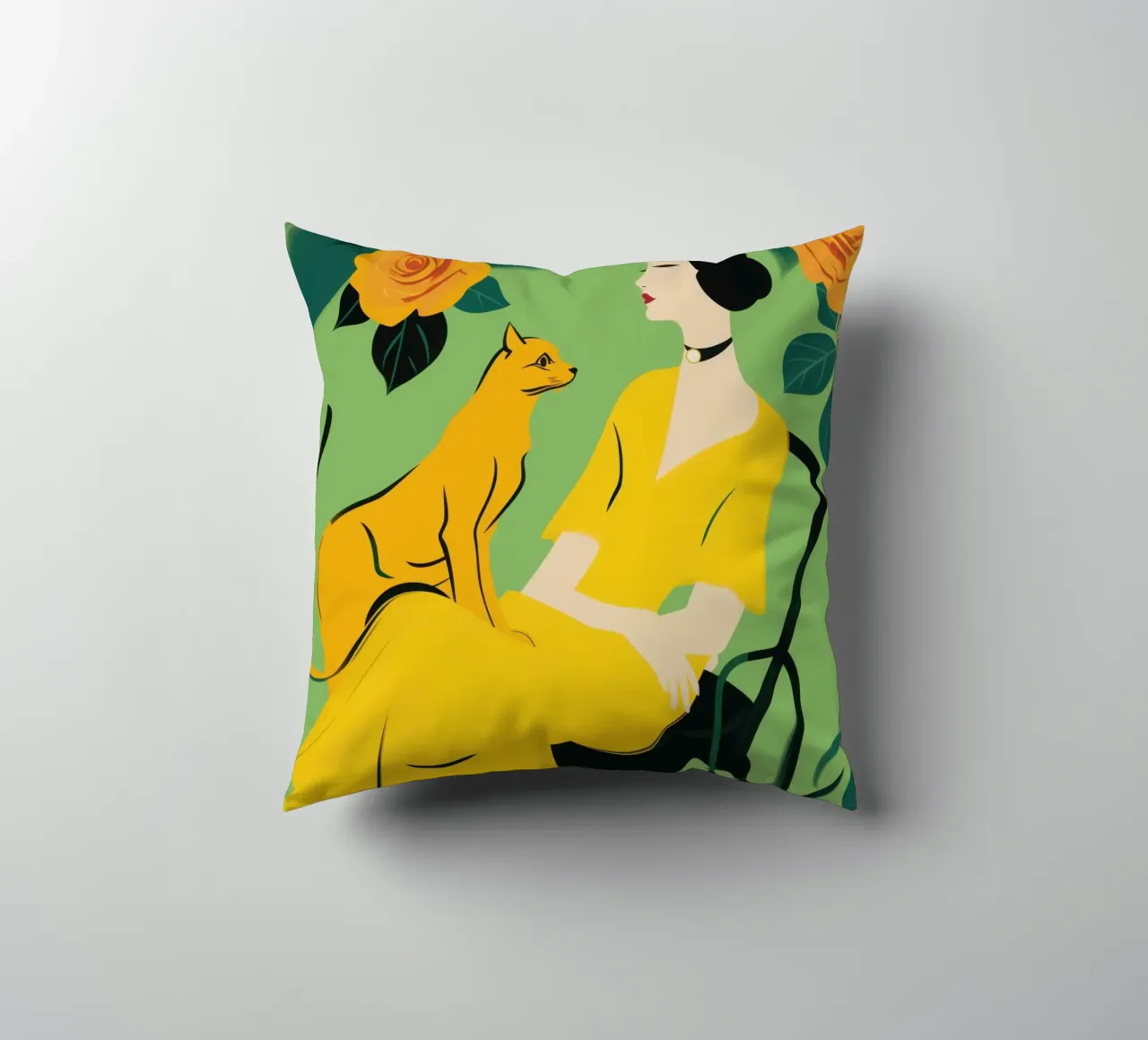 Signora con gatto in un roseto giallo-arancio cuscino da Autofocus