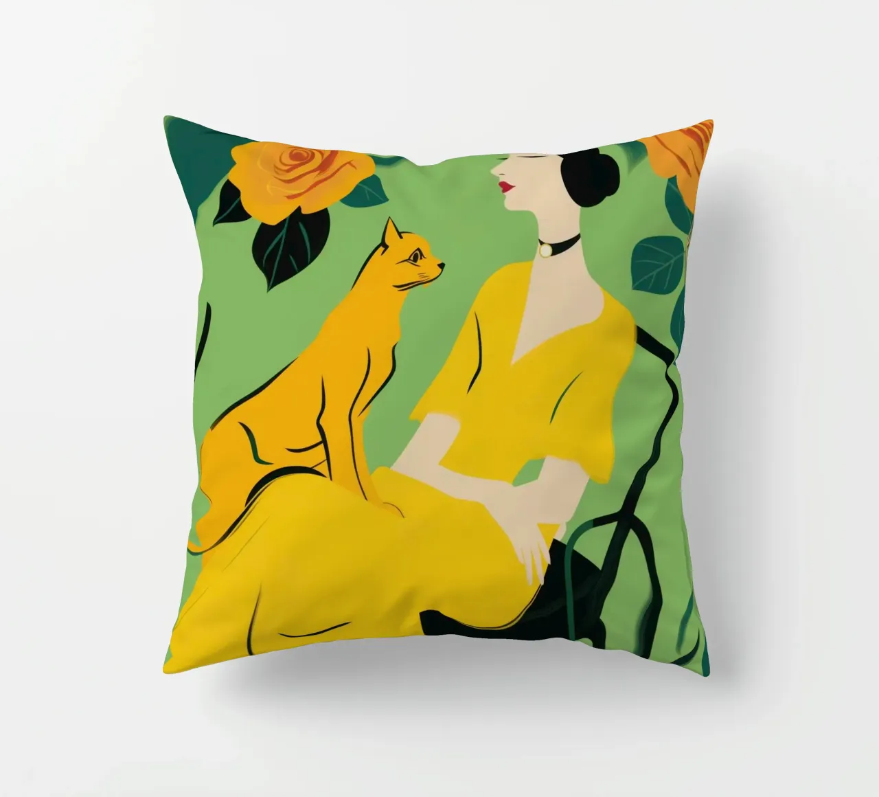 Signora con gatto in un roseto giallo-arancio cuscino da Autofocus