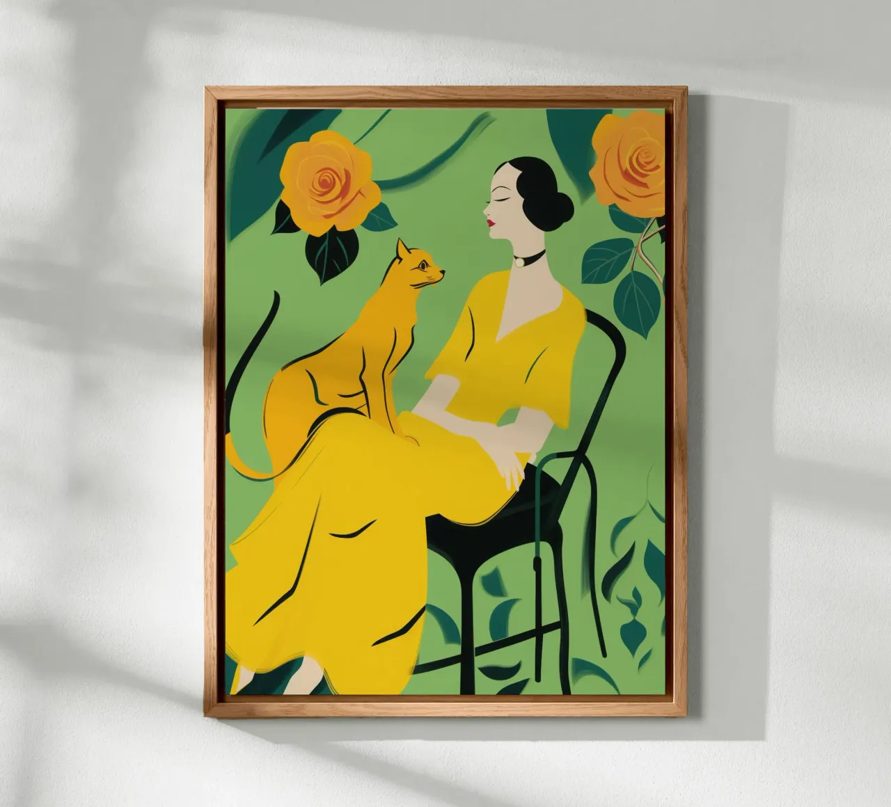 Signora con gatto in un roseto giallo-arancio alluminio dibond da Autofocus