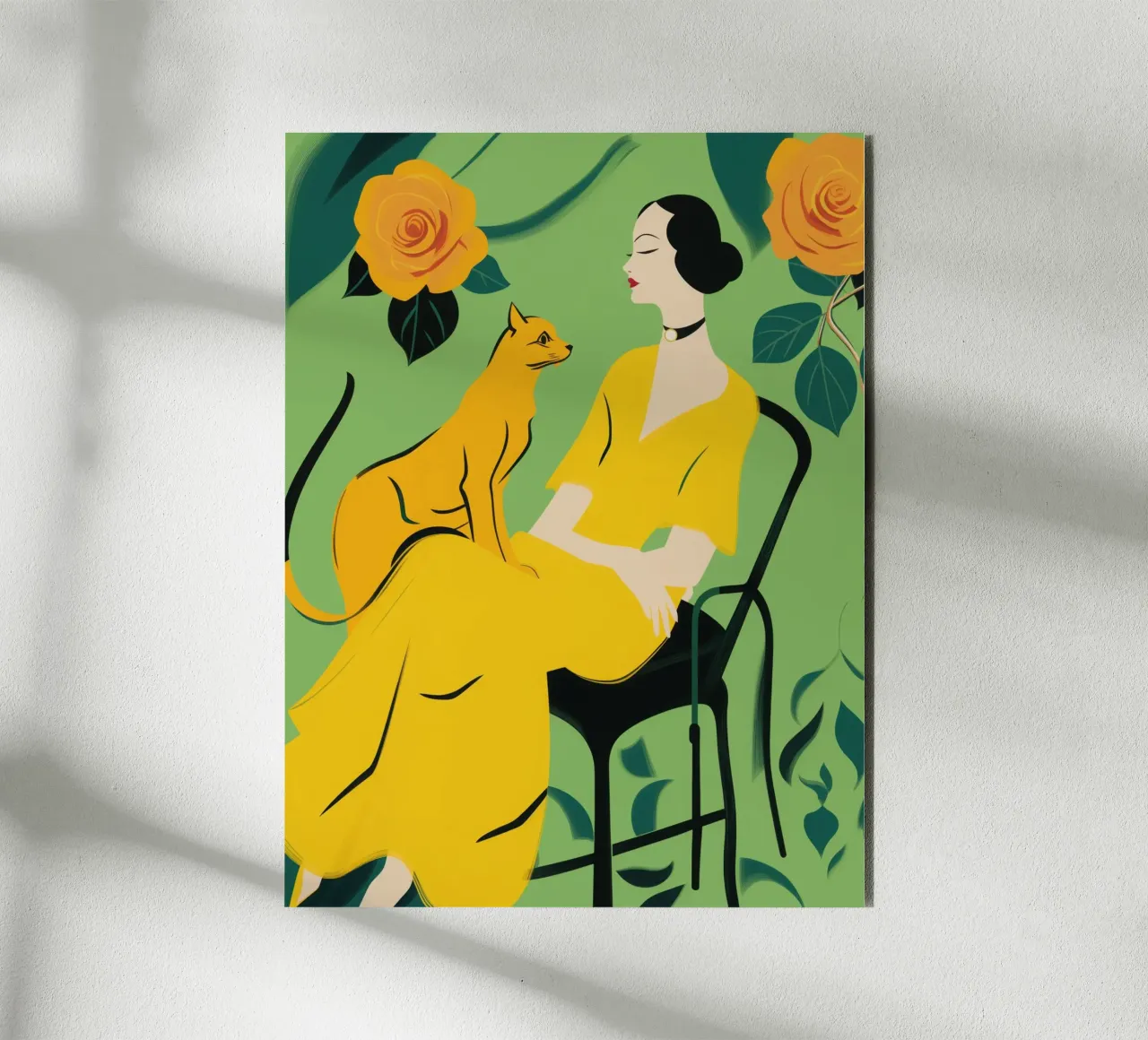 Signora con gatto in un roseto giallo-arancio alluminio dibond da Autofocus