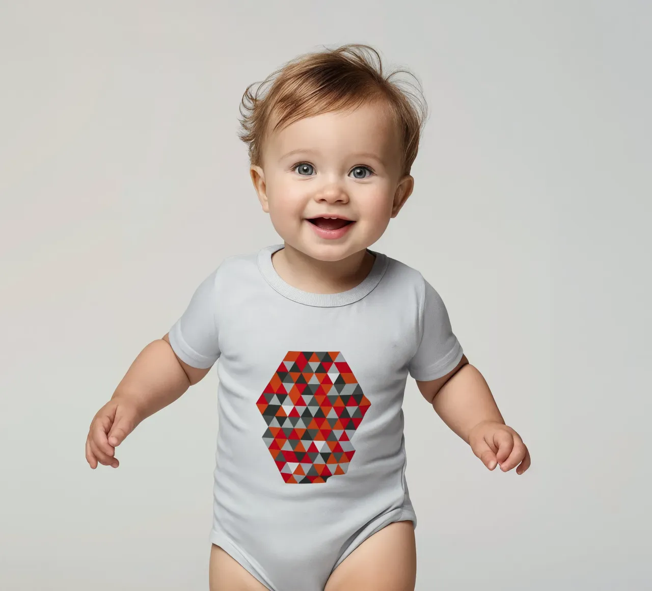 Red and Gray Geometric Triangle Pattern short-sleeve baby romper by Petra Lang - Design
