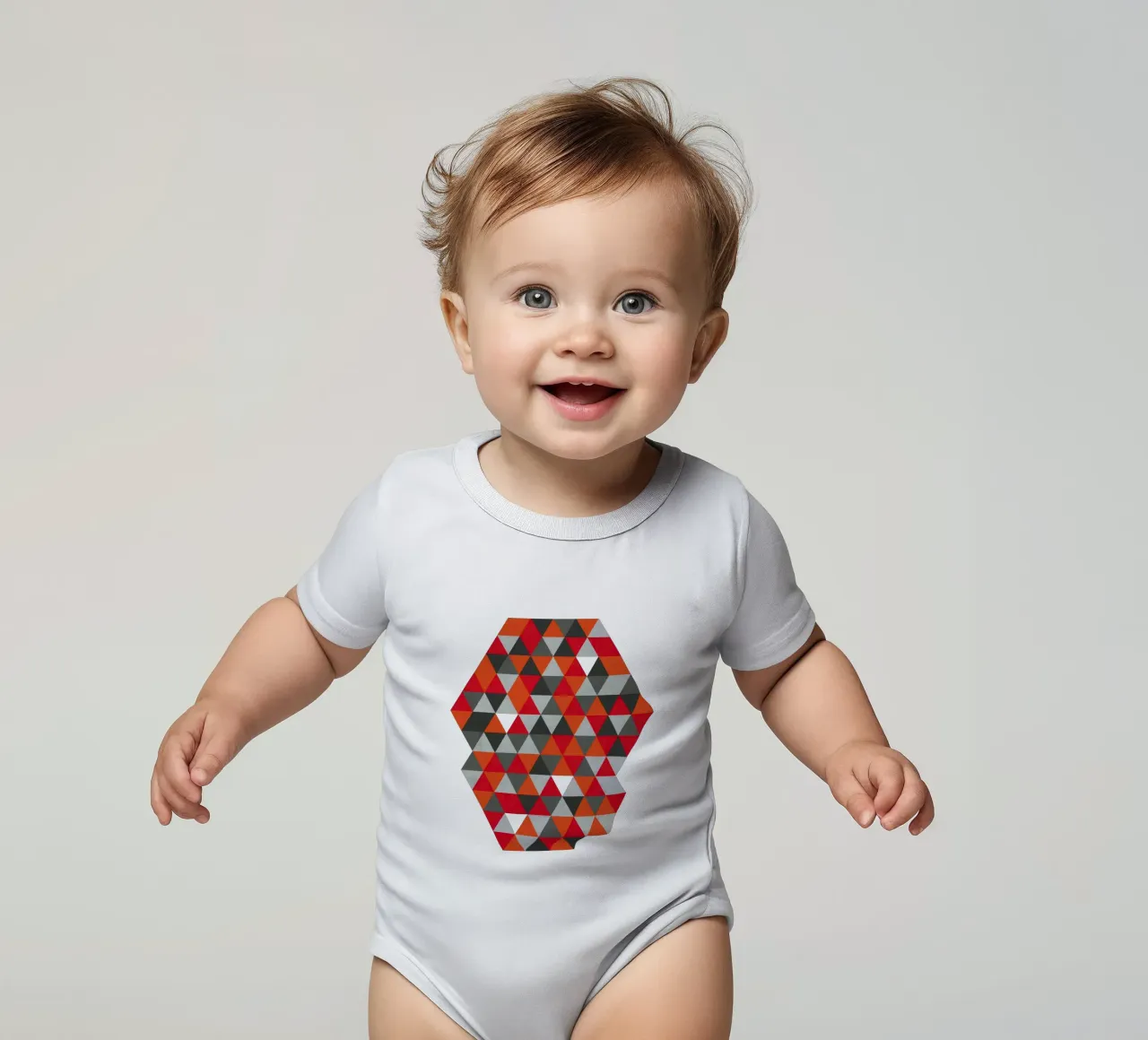 Red and Gray Geometric Triangle Pattern short-sleeve baby romper by Petra Lang - Design