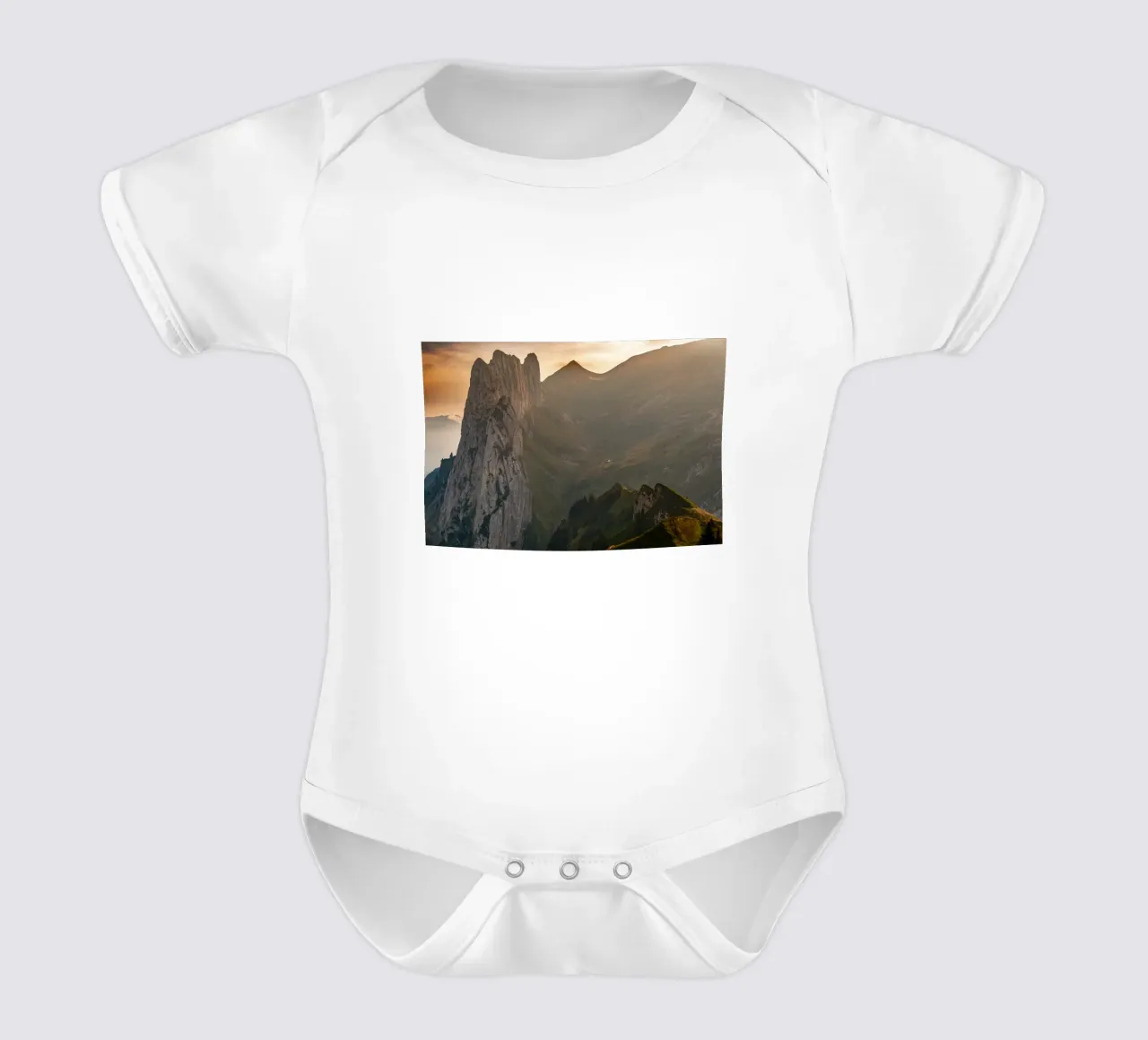 Mountain Sunset at Saxer Lücke, Switzerland short-sleeve baby romper by Marcel Bisig