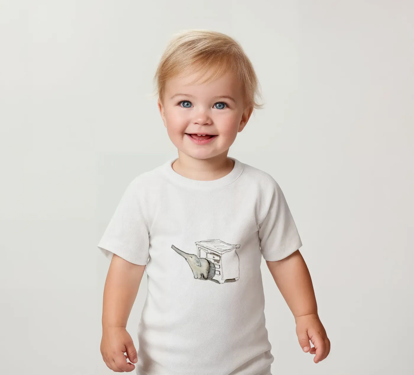 little elephant in front of the wardrobe baby t-shirt by dieseinen