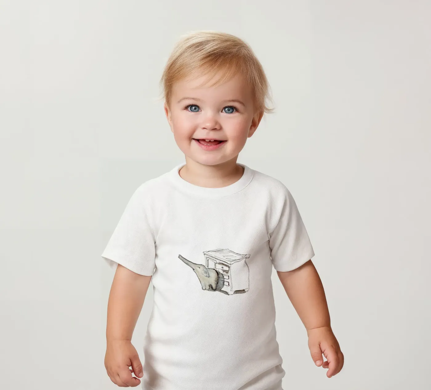 little elephant in front of the wardrobe baby t-shirt by dieseinen