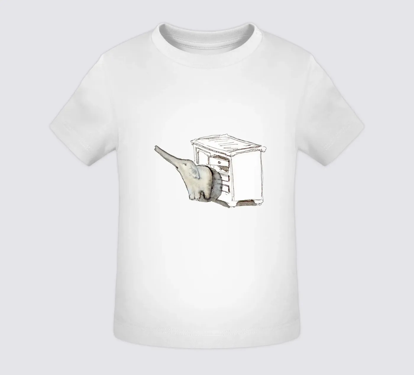 little elephant in front of the wardrobe baby t-shirt by dieseinen
