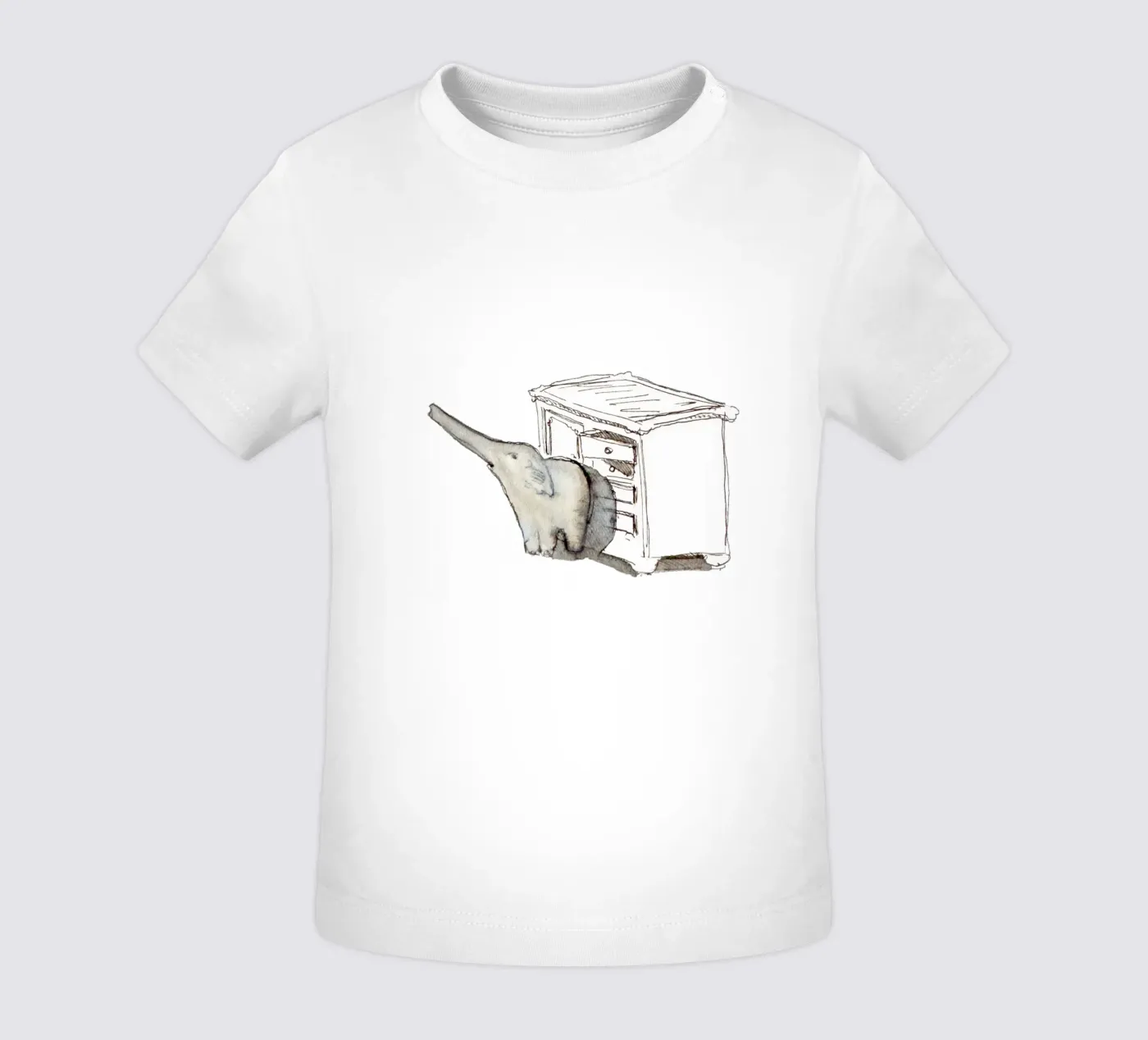 little elephant in front of the wardrobe baby t-shirt by dieseinen