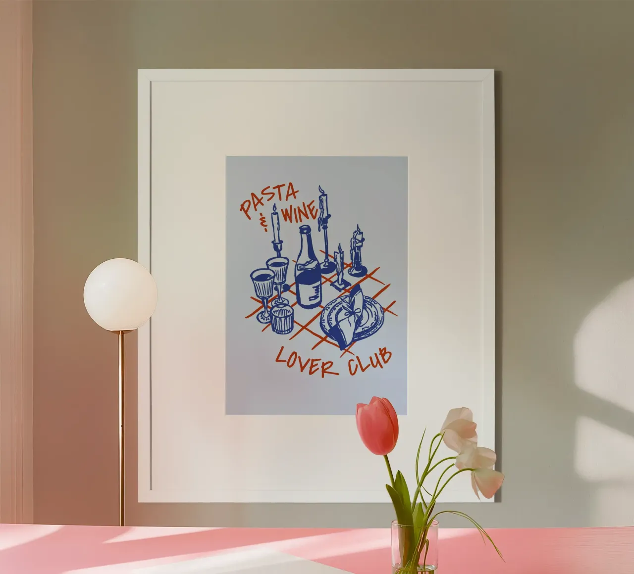 Boho Food 18 Pasta and Wine poster con telaio in alluminio da Boho Print Collection