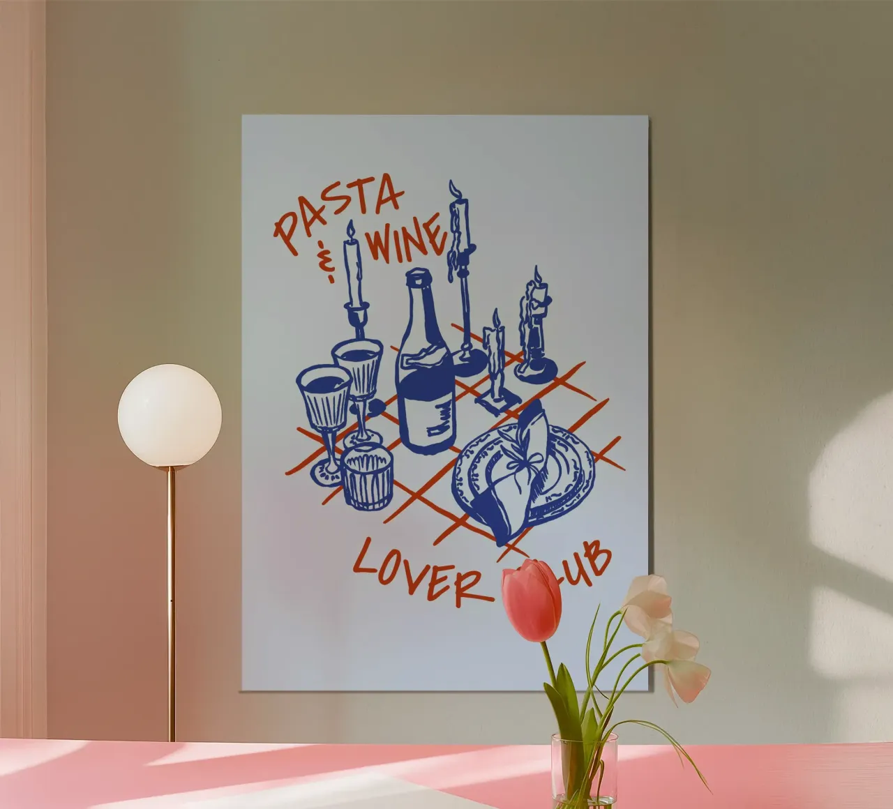 Boho Food 18 Pasta and Wine poster con telaio in alluminio da Boho Print Collection