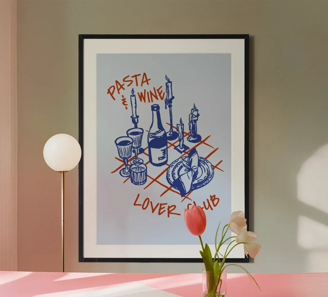 Boho Food 18 Pasta and Wine poster con telaio in alluminio da Boho Print Collection