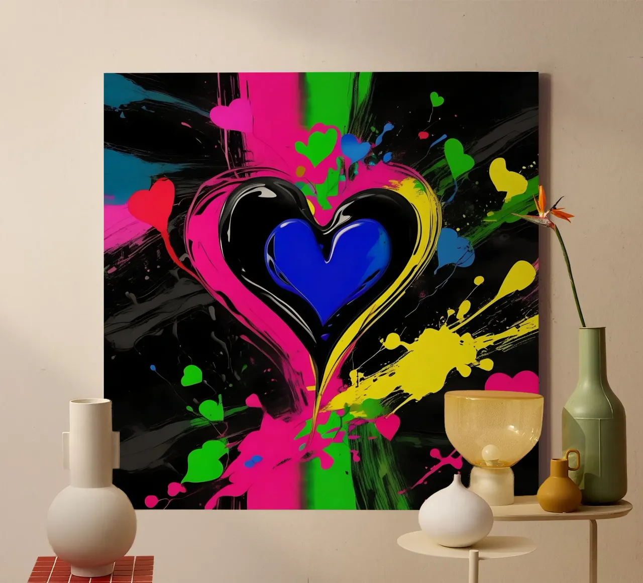 Blobs of colour with hearts_colourful canvas by Farbträume