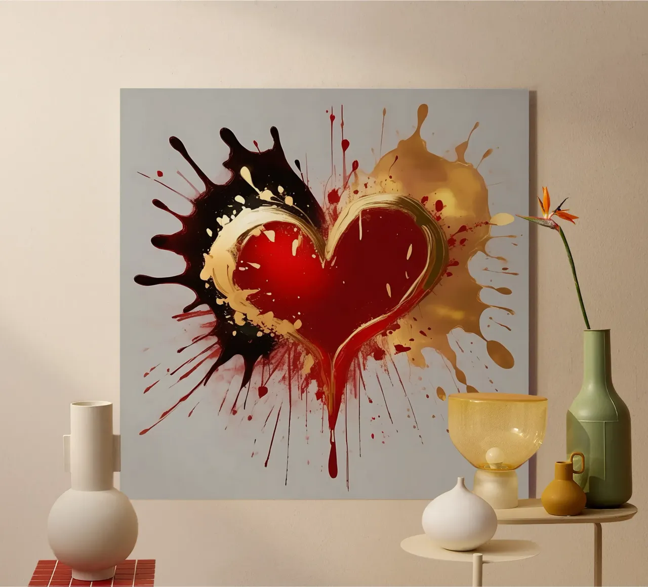 Cuore blob colorato in nero, rosso, oro_1 plexiglass da Farbträume