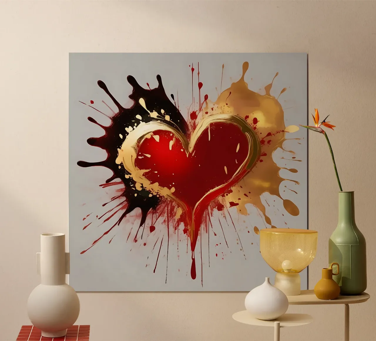 Cuore blob colorato in nero, rosso, oro_1 carta hahnemühle da Farbträume