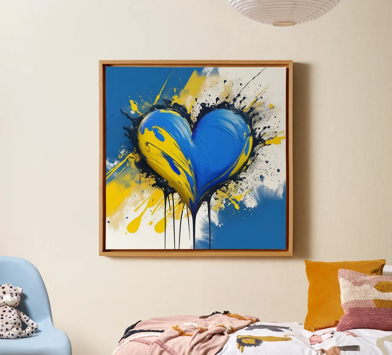 Colour blobs heart in blue, yellow canvas by Farbträume