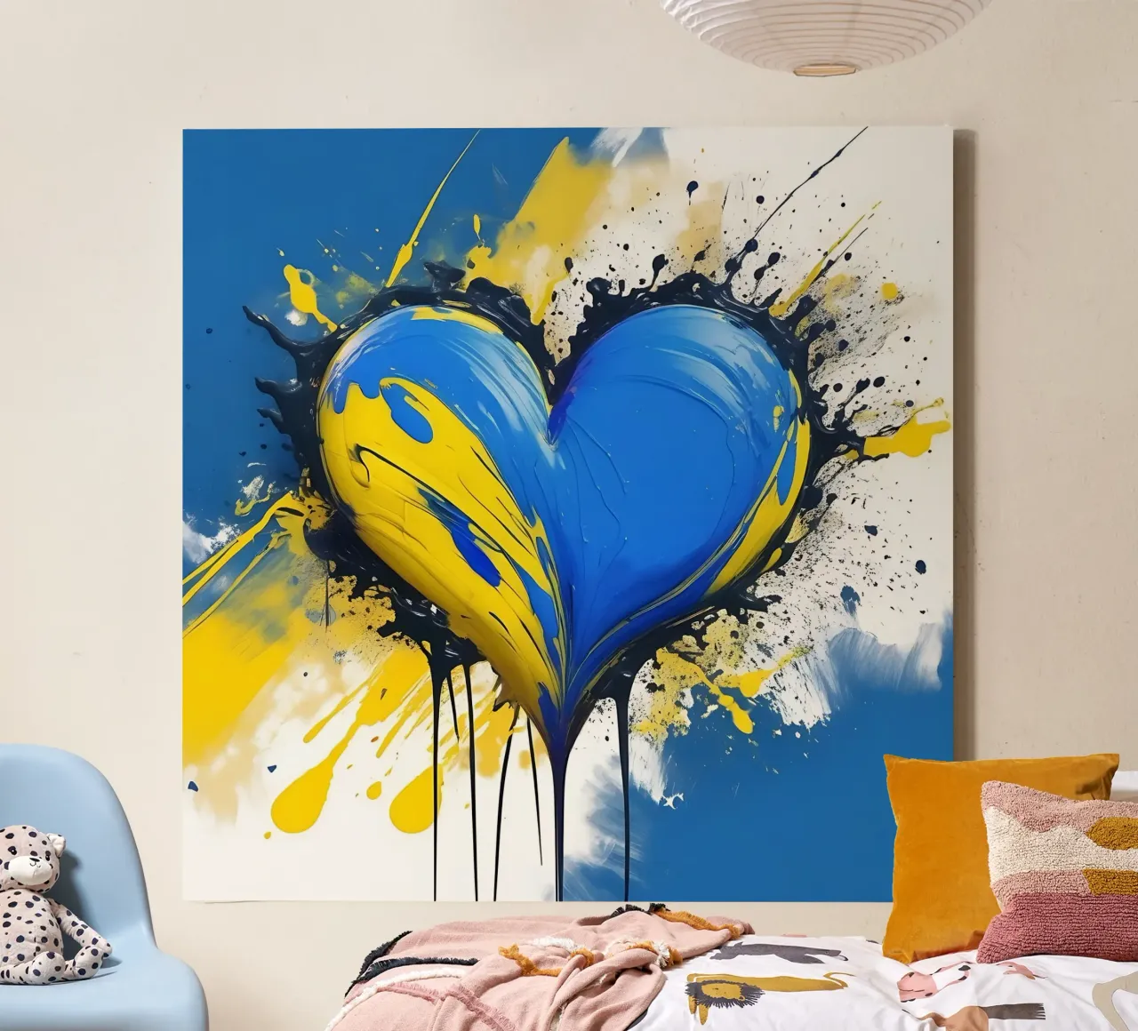Colour blobs heart in blue, yellow canvas by Farbträume