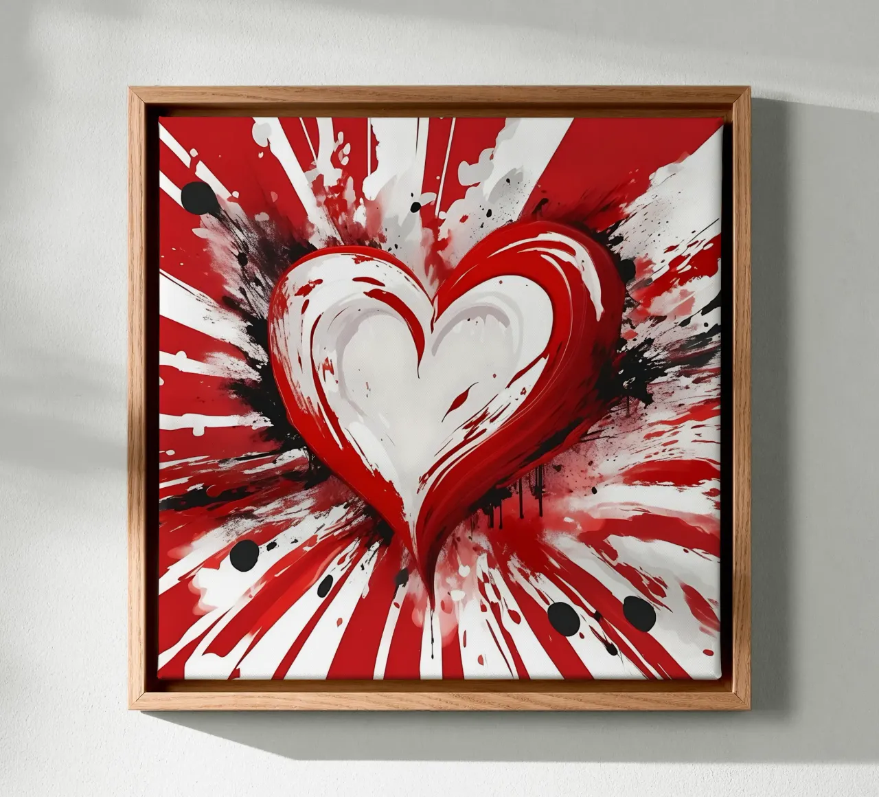 Colour blobs heart in red, white canvas by Farbträume