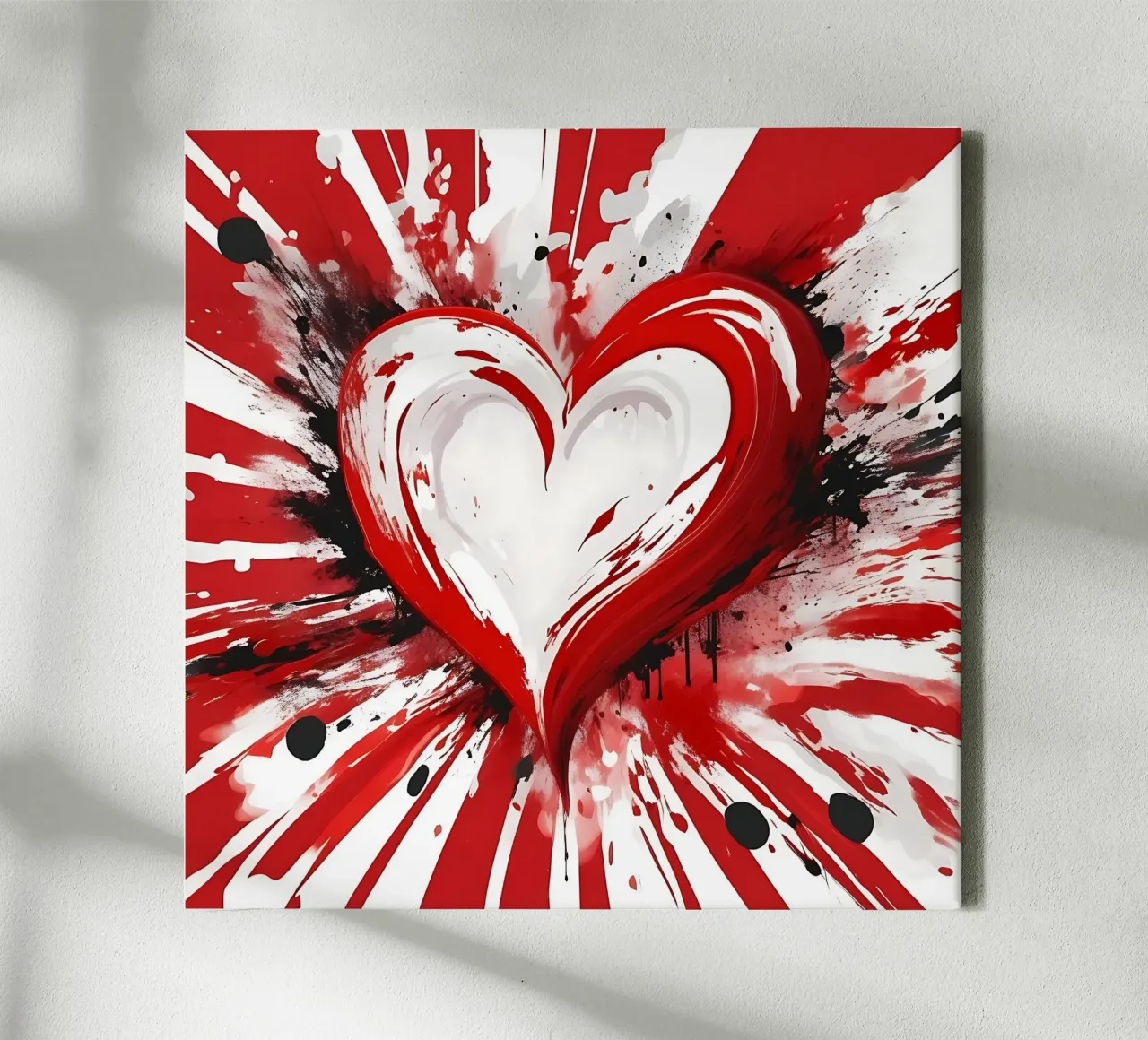 Colour blobs heart in red, white canvas by Farbträume