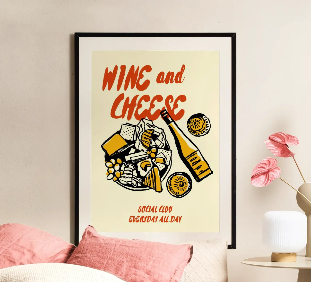 Boho Food 20 Wine and Cheese poster con telaio in legno da Boho Print Collection