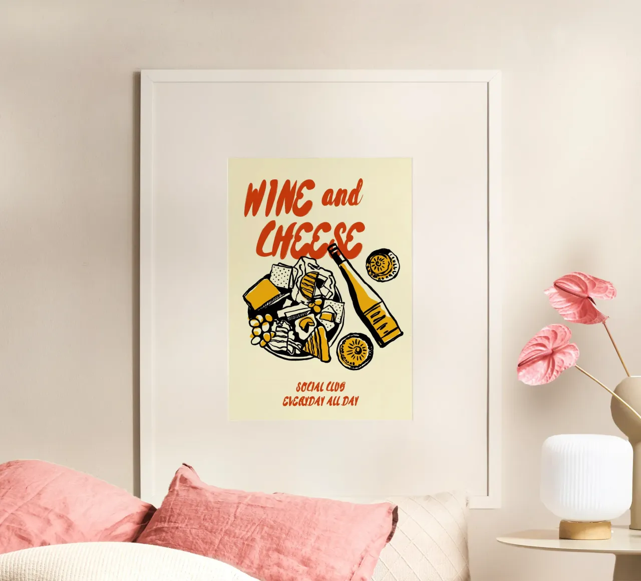 Boho Food 20 Wine and Cheese poster con telaio in legno da Boho Print Collection