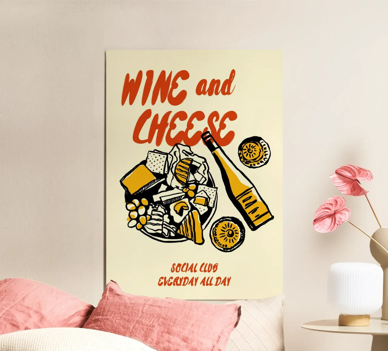 Boho Food 20 Wine and Cheese poster con telaio in legno da Boho Print Collection