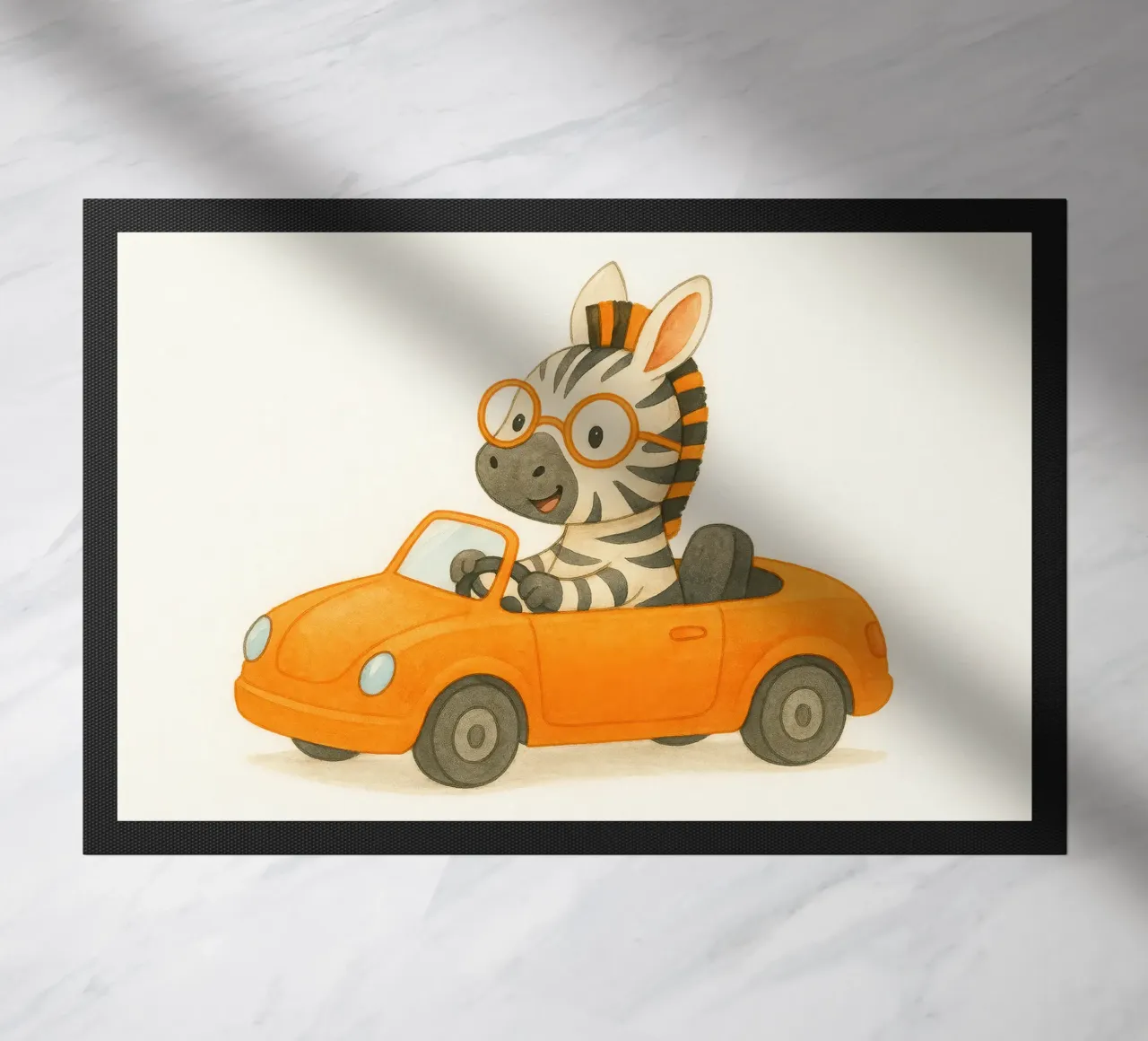 Una zebra in una cabriolet arancione zerbino da earl BM