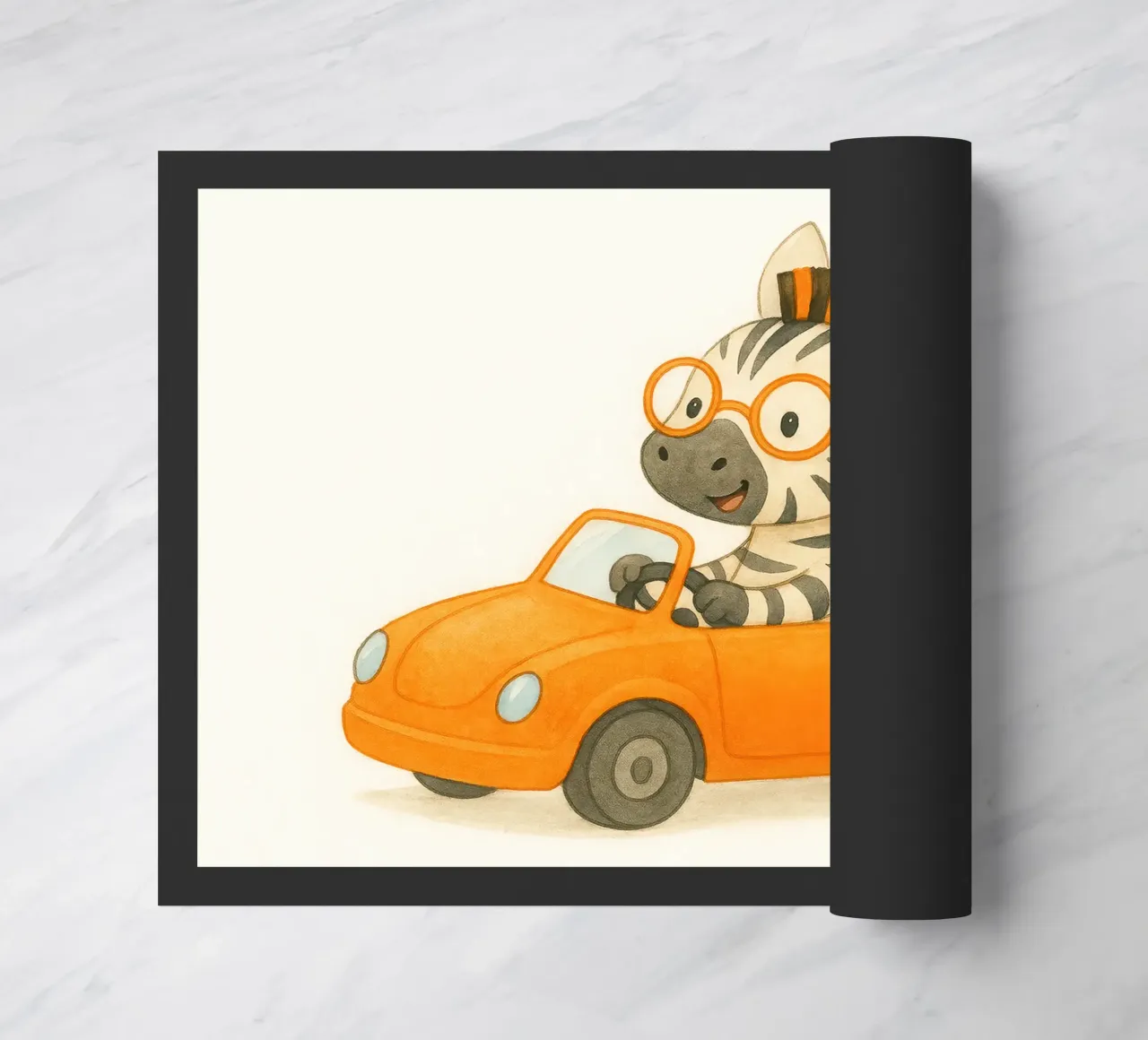 Una zebra in una cabriolet arancione zerbino da earl BM