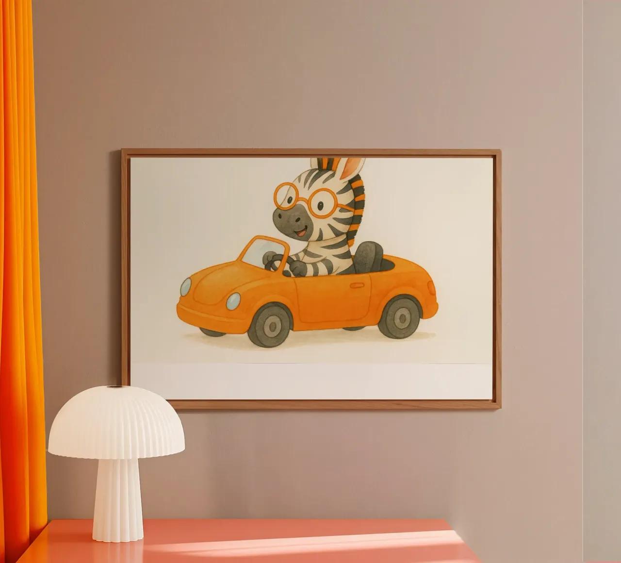 Una zebra in una cabriolet arancione alluminio dibond da earl BM