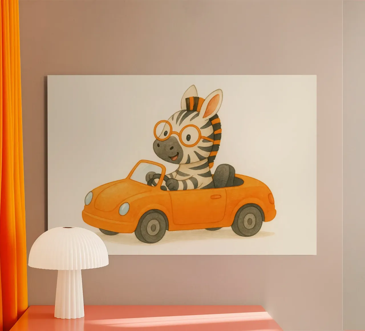 Una zebra in una cabriolet arancione alluminio dibond da earl BM