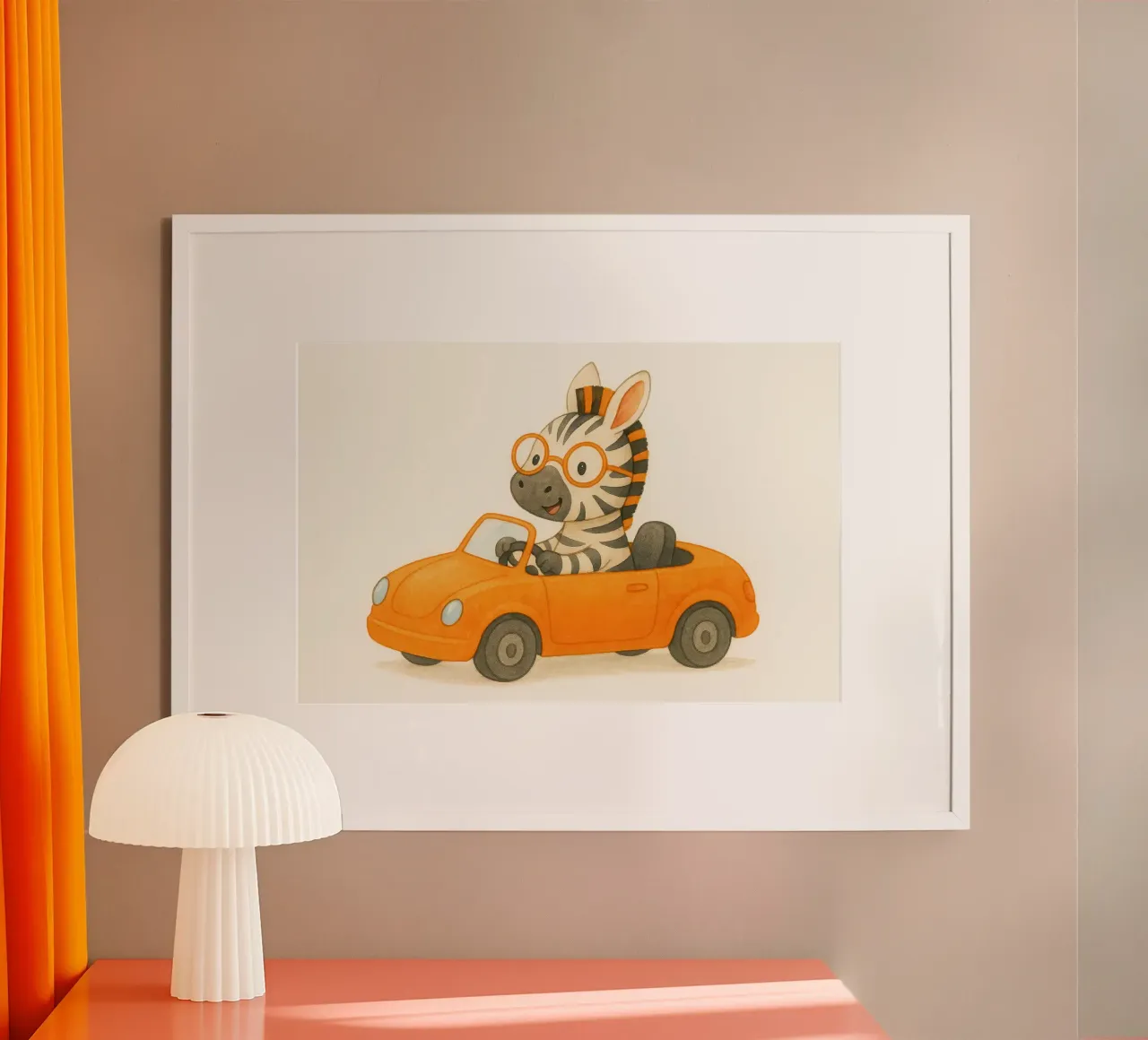 Una zebra in una cabriolet arancione carta hahnemühle da earl BM