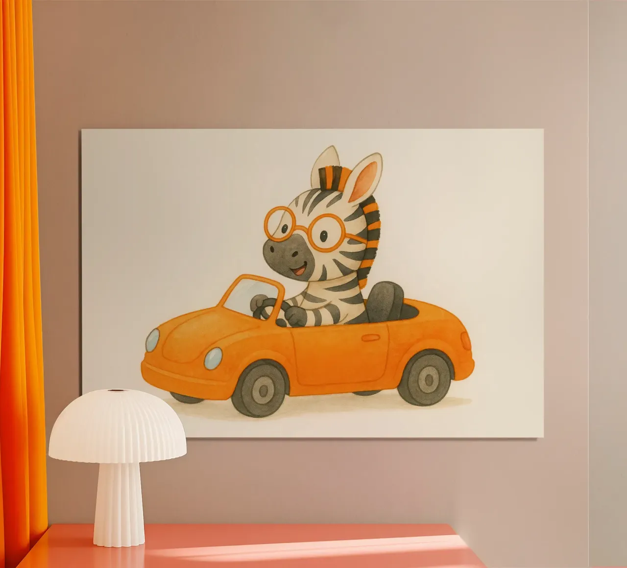 Una zebra in una cabriolet arancione carta hahnemühle da earl BM