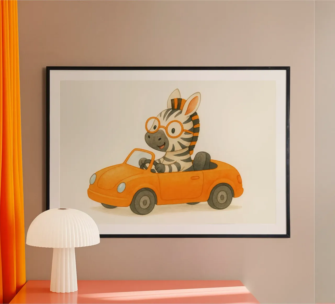 Una zebra in una cabriolet arancione carta hahnemühle da earl BM