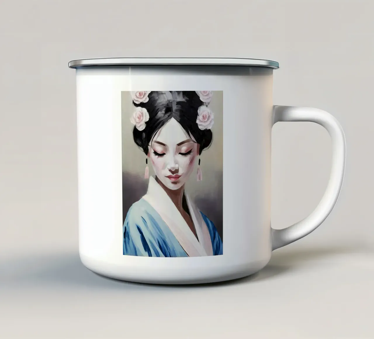 Ritratto di geisha in colori tenui tazza in smalto da Take Your Art BV