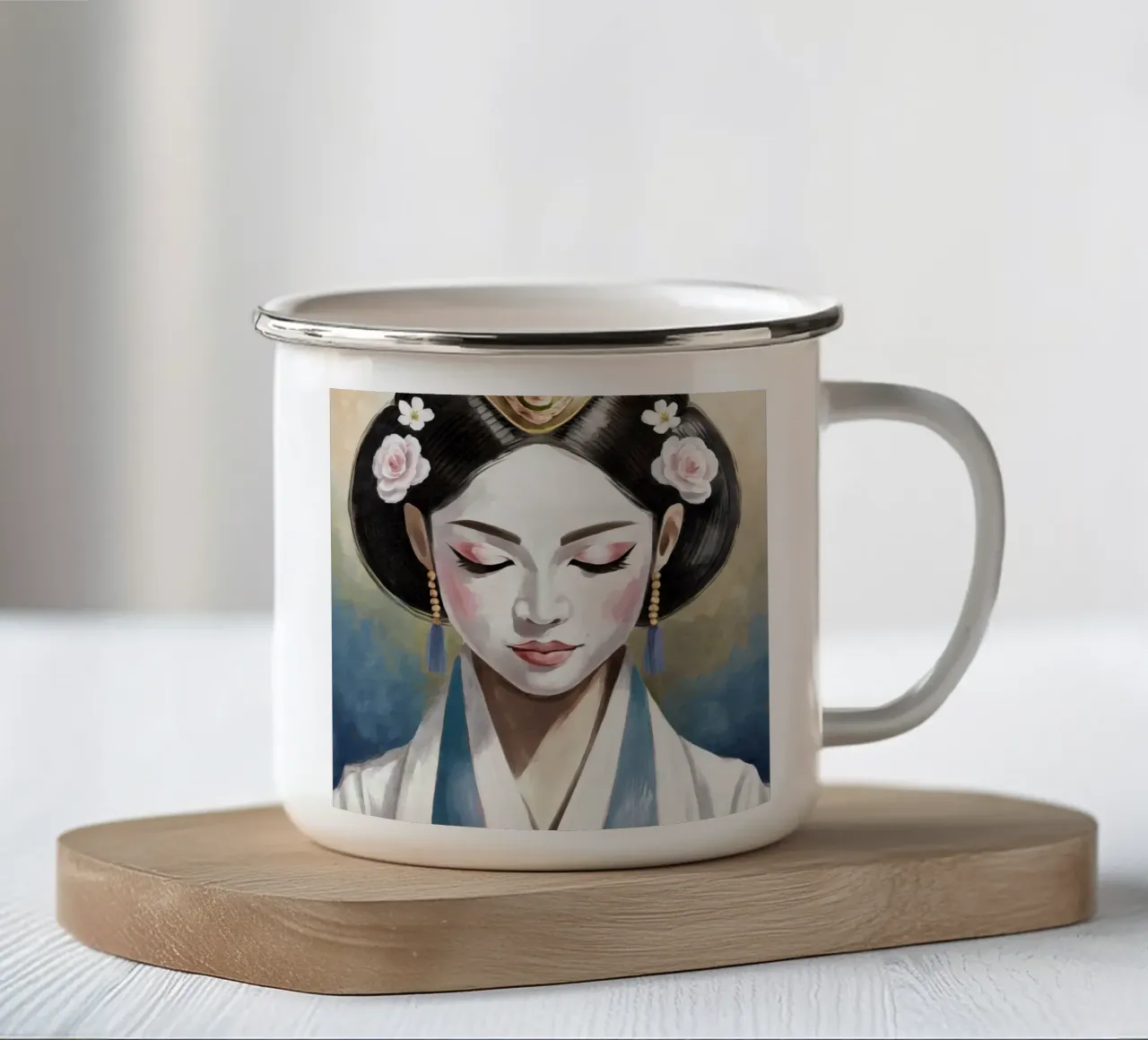 Ritratto di geisha in colori tenui - Stile giapponese tazza in smalto da Take Your Art BV