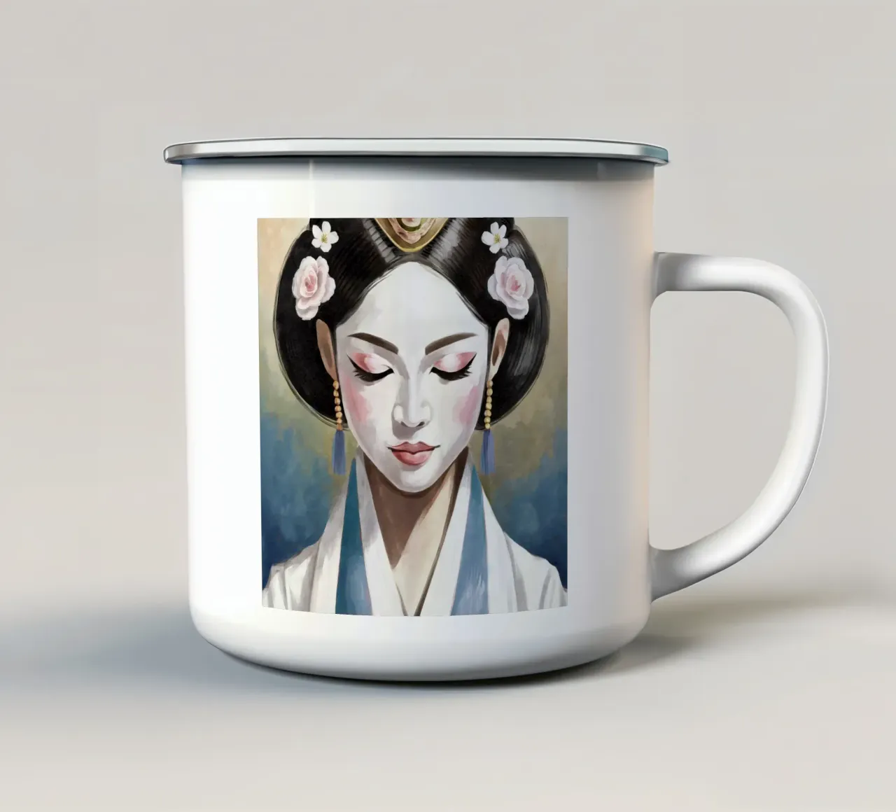 Ritratto di geisha in colori tenui - Stile giapponese tazza in smalto da Take Your Art BV