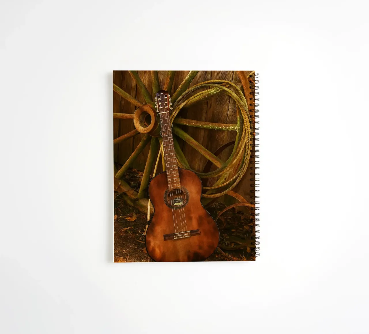 old guitar with broken strings spiral notebook by Deemoll