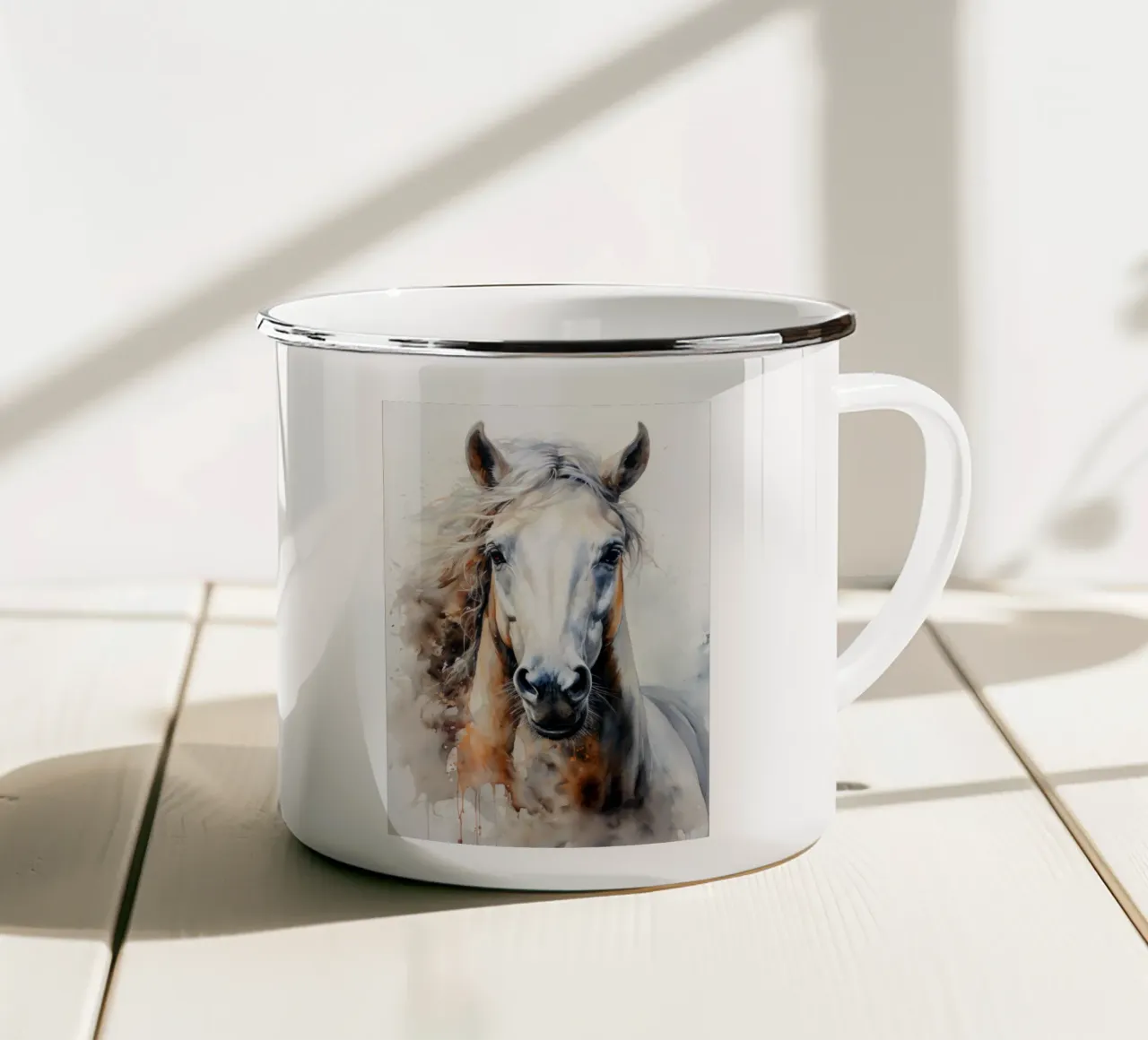 Cavallo bianco acquerello arte animale tazza in smalto da Justyna Jaszke JBJart