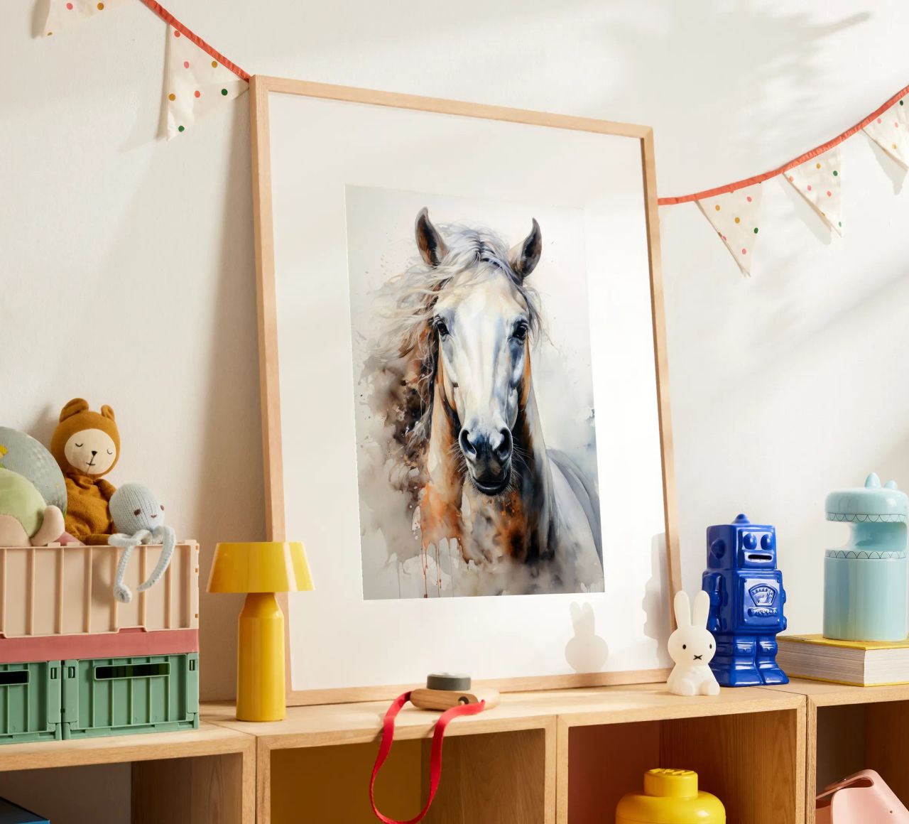 White horse watercolor animal art poster by Justyna Jaszke JBJart