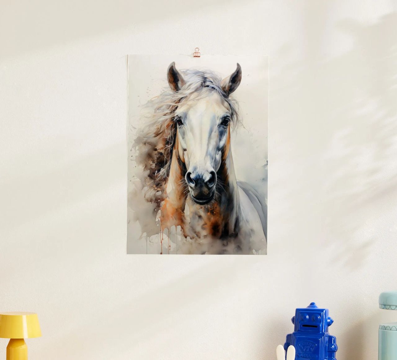White horse watercolor animal art poster by Justyna Jaszke JBJart