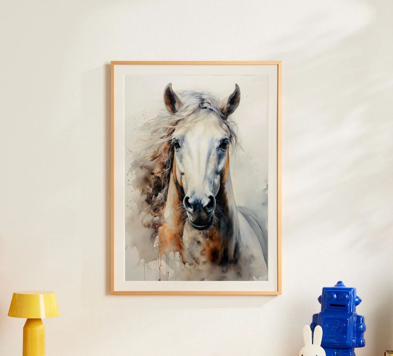 White horse watercolor animal art poster by Justyna Jaszke JBJart